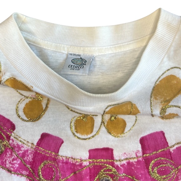 Vintage 1990 Cesucci Handpainted Glitter and Jewels Art T Shirt One Size - Picture 6 of 9